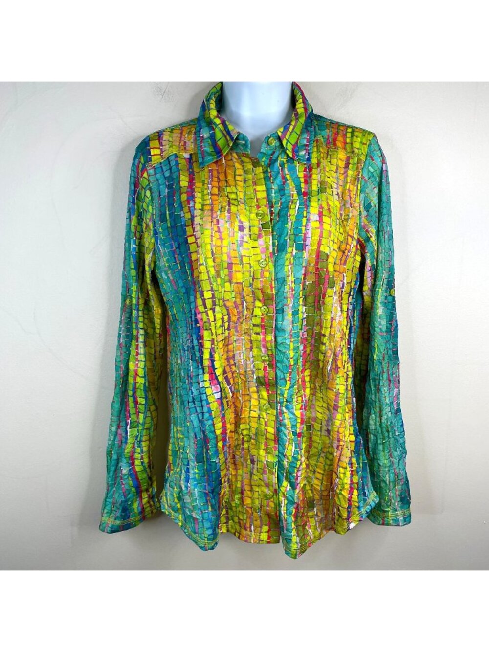Vintage SnoSkins Artsy Top Small Maximalist Statement Crinkle Button Up Shirt